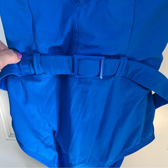 Skinny Dippers solid blue cinch ruffle sleeve one piece swimsuit - Size M - Picture 6 of 7